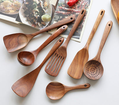 Wooden Cooking Utensils Set of 7,Tmkit Wooden Cooking Tools - Natural Nonstick Hard Wood Spatula and Spoons - Durable,Wooden Spoons for Cooking