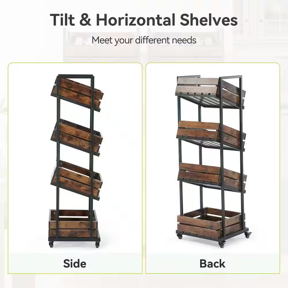 59 In. H Brown Wood 4-Tier Kitchen Cart Mobile Fruit and Vegetable Storage Utility Shelf Organizer Rack with Wheels