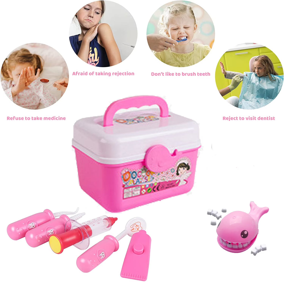 Nimjoy Kids Toy Doctor Kit for Girls 3-6 Years Boys, 41PCS Pink Toy Stethoscope & Braces Medical Kit Preschool Pretend Play Dentist Set Gift to Toddler Birthday Christmas Present