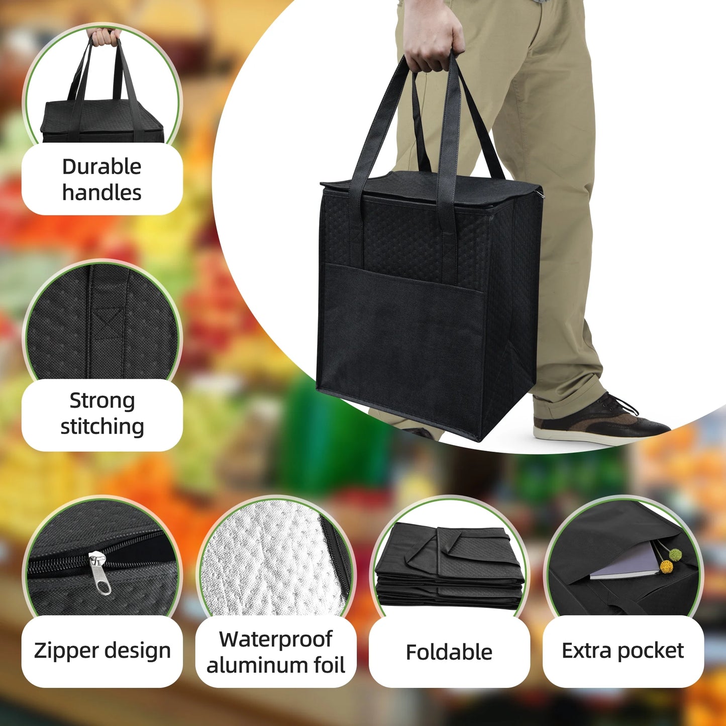 Sentryse 10-Pack Insulated Grocery Bags with Zipper, Large Reusable Cooler Bags for Frozen Food, Grocery Shopping, Meal Transport, Picnic & Travel + 40 Ice Packs & 5 Funnels