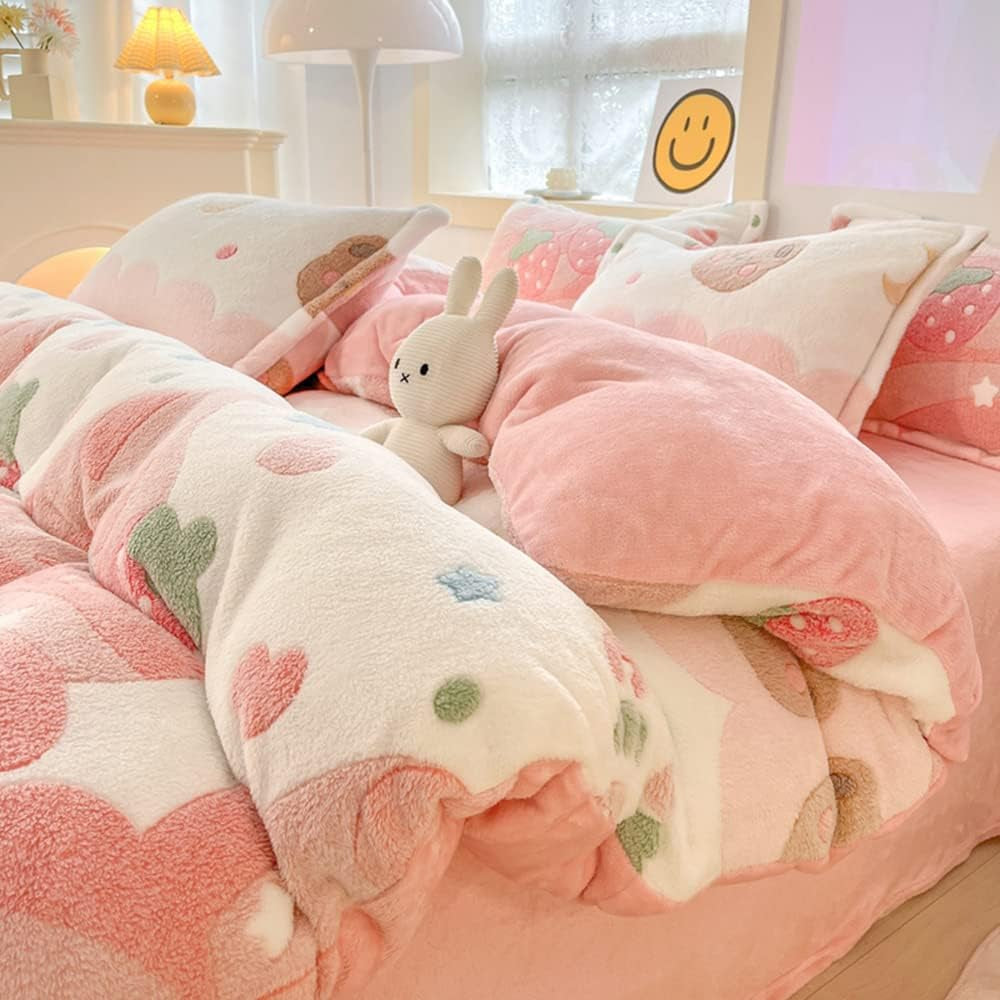 Pink Strawberry Duvet Cover Set Fluffy Kawaii Cartoon Comforter Cover Soft Kids Twin Size Bedding Set (Strawberry)