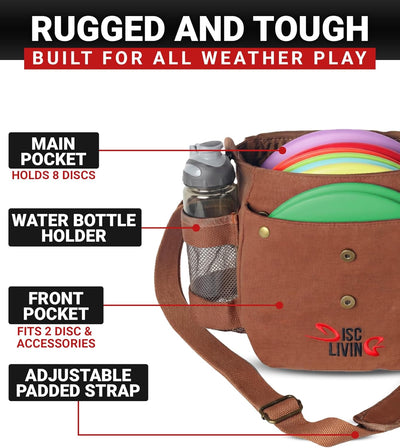 Disc Golf Bag | Frisbee Golf Bag | Easy to Carry | Lightweight Fits up to 10 Discs | 16 Oz Waxed Canvas Sturdy Design | Belt Loop | Double Button Design | Bottle Holder