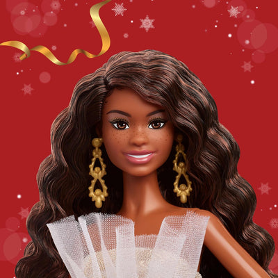 Barbie Signature 2025 Holiday Fashion Doll with Black Hair Wearing Silver & Gold Gown, Seasonal Collectible Includes Displayable Packaging & Doll Stand