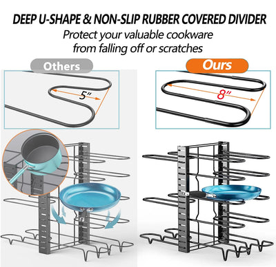 PHANCIR Pots and Pans Organizer Rack, 3 DIY Methods Adjustable 8-Tier Pot and Pan Rack, Metal Heavy Duty Organizer with Anti-Slip Silicone Pad for Cabinet Kitchen Organization Storage