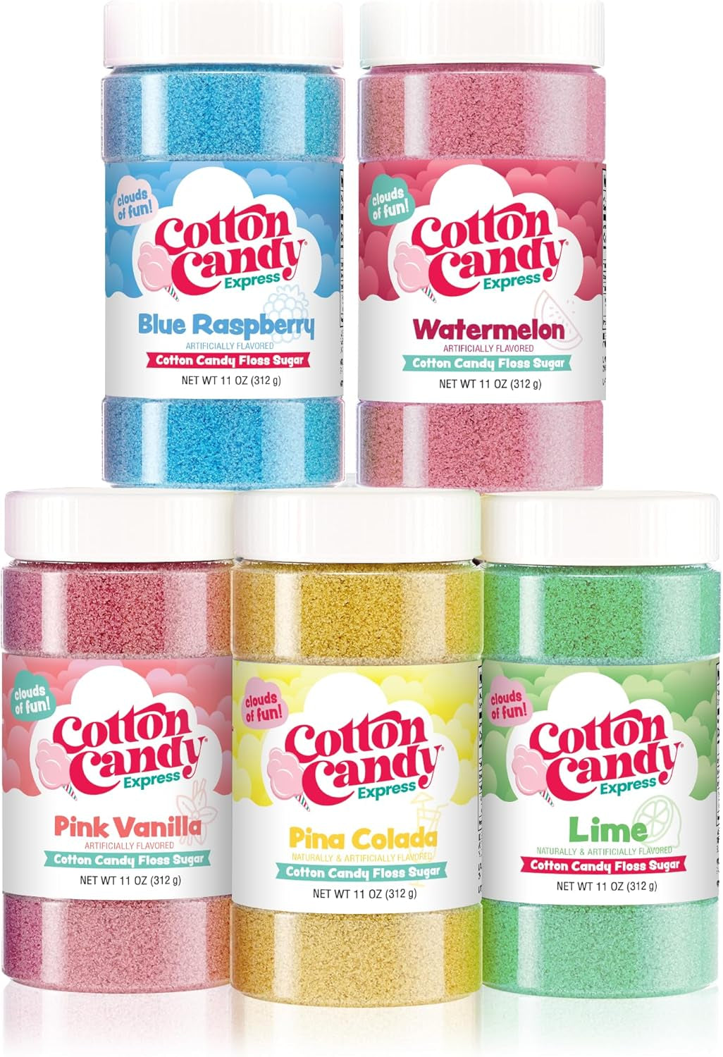 Cotton Candy Express 100-Count Paper Cones with Pink Vanilla, Lime, Blue Raspberry, Watermelon, and Pina Colada 11-Ounce Floss Sugar Jars for Cotton Candy Making