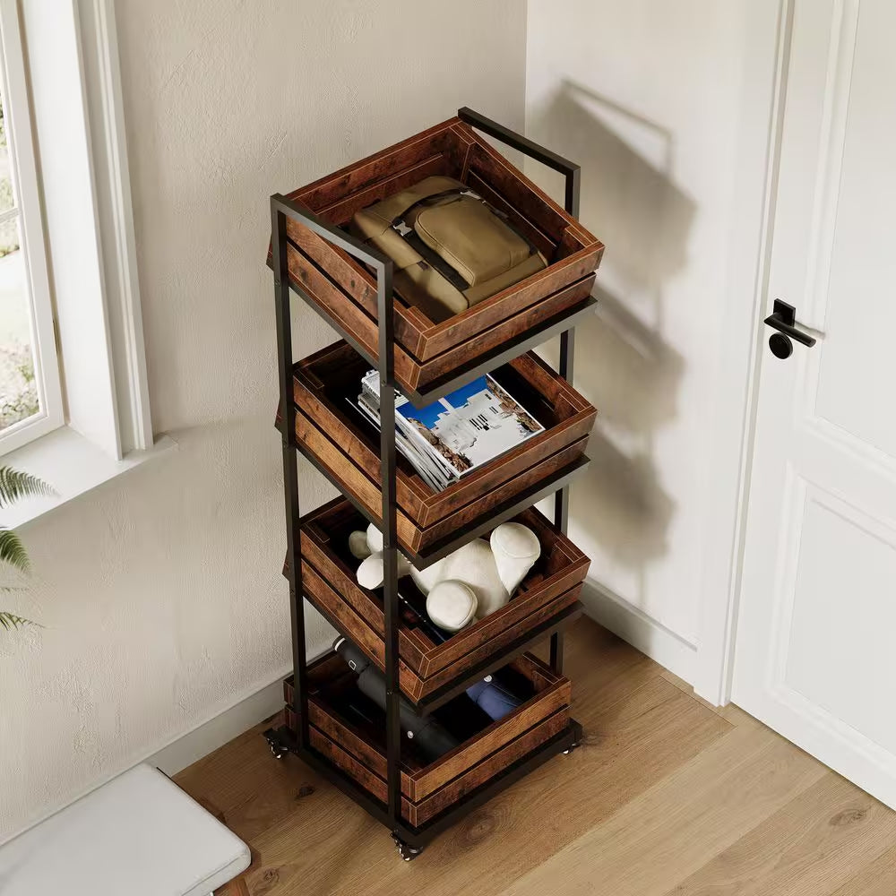 59 In. H Brown Wood 4-Tier Kitchen Cart Mobile Fruit and Vegetable Storage Utility Shelf Organizer Rack with Wheels