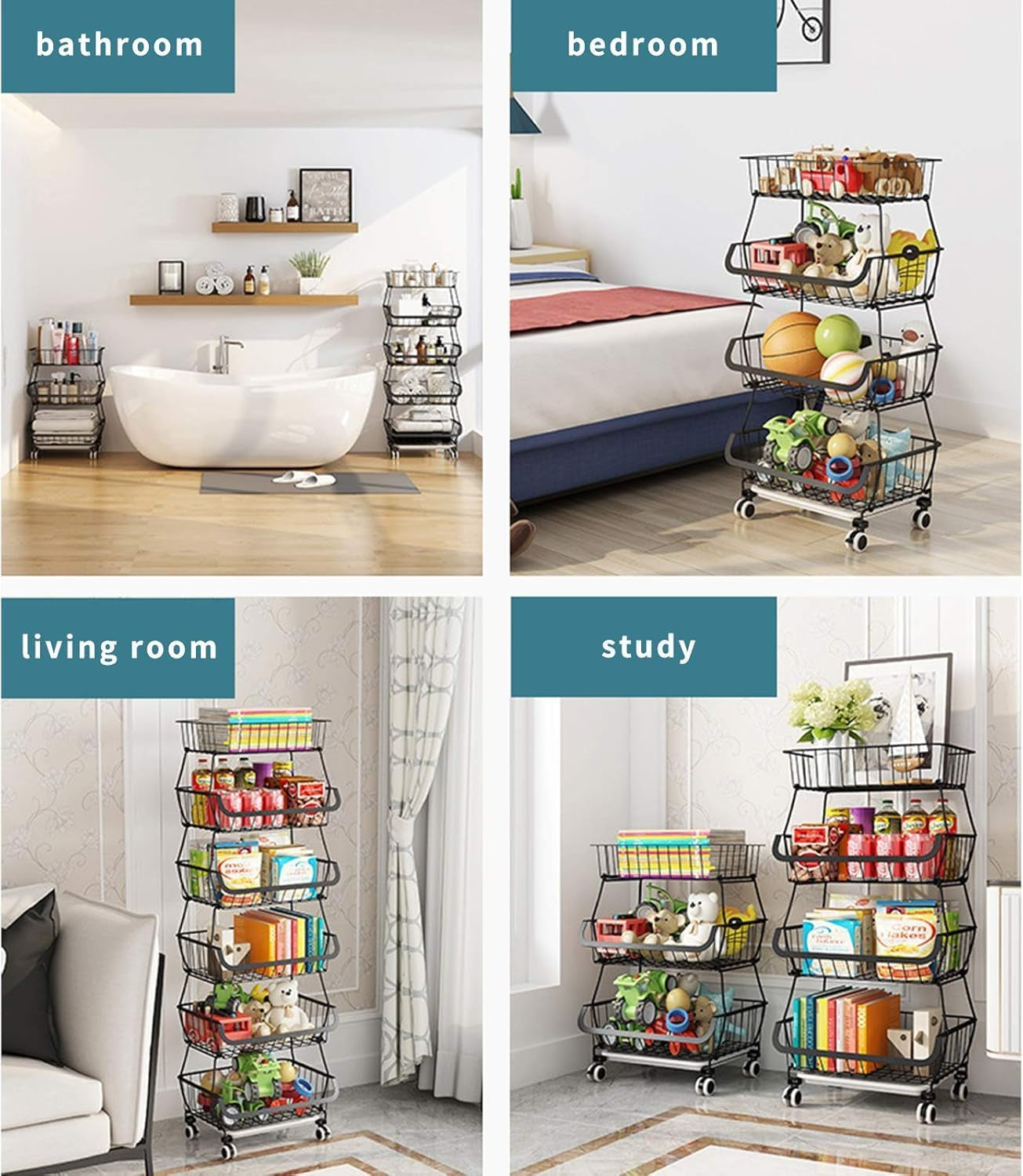 Carolyndesign Kitchen Storage Baskets Black Iron Wire Storage Bins with Wheels and Feet, Stackable Vegetable Storage Baskets (6-Tier Baskets)