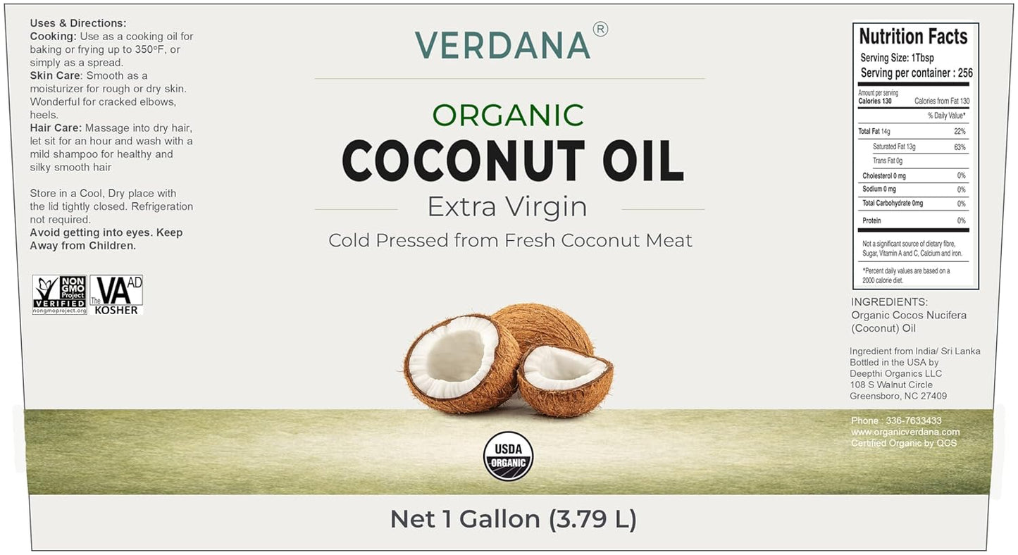 Verdana Organic Extra Virgin Coconut Oil, Food Grade, Unrefined Cold Pressed, USDA Organic, 1 Gallon, Bulk Value Size for Cooking, Baking & Soap Making