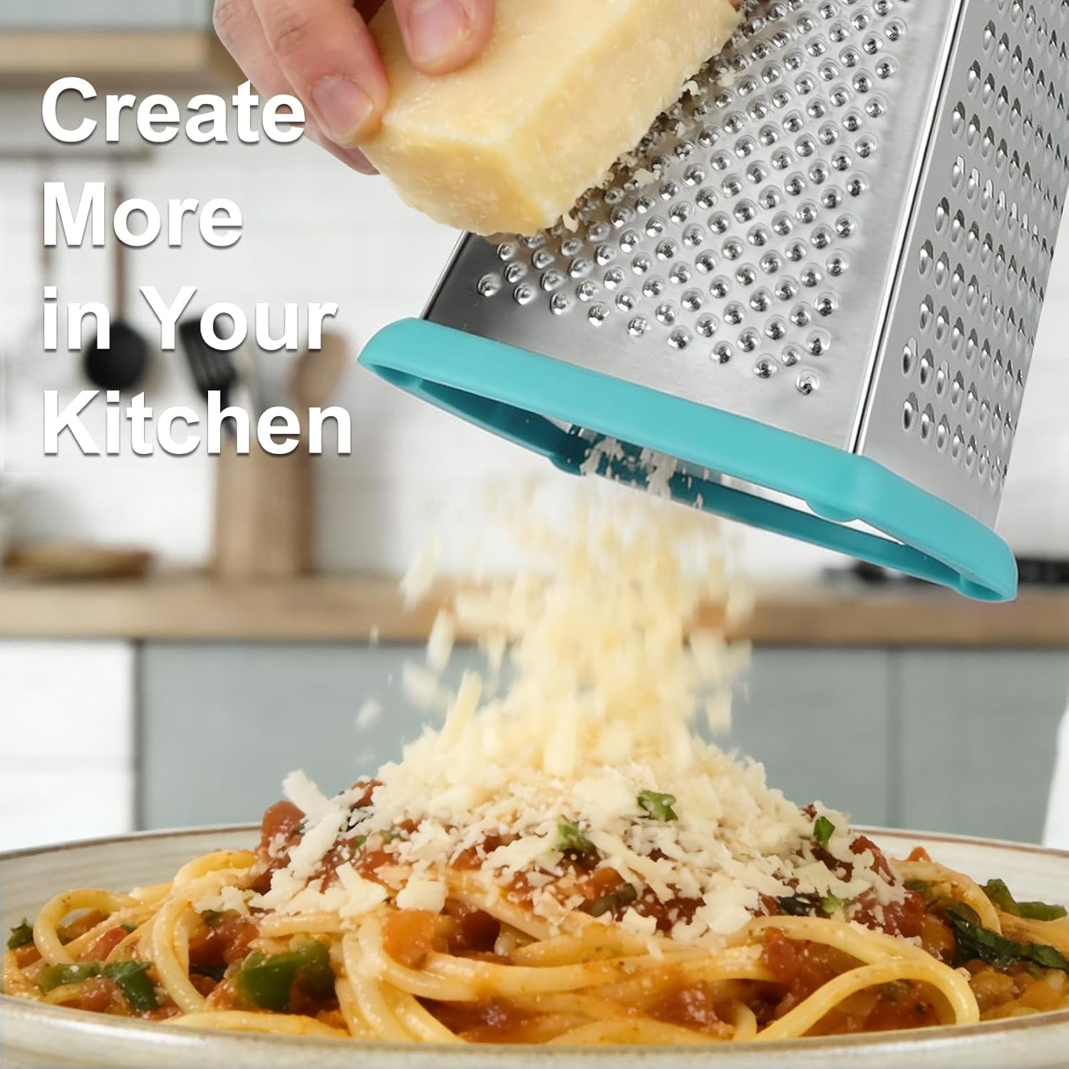 Ourokhome Cheese Grater with Handle, Stainless Steel Box Grater, 4 Side Kitchen Vegetable Shredder Slicer Zester with Container for Parmesan, Cabbage, Ginger, Lemon, Chocolate, Coconut (Teal Black)