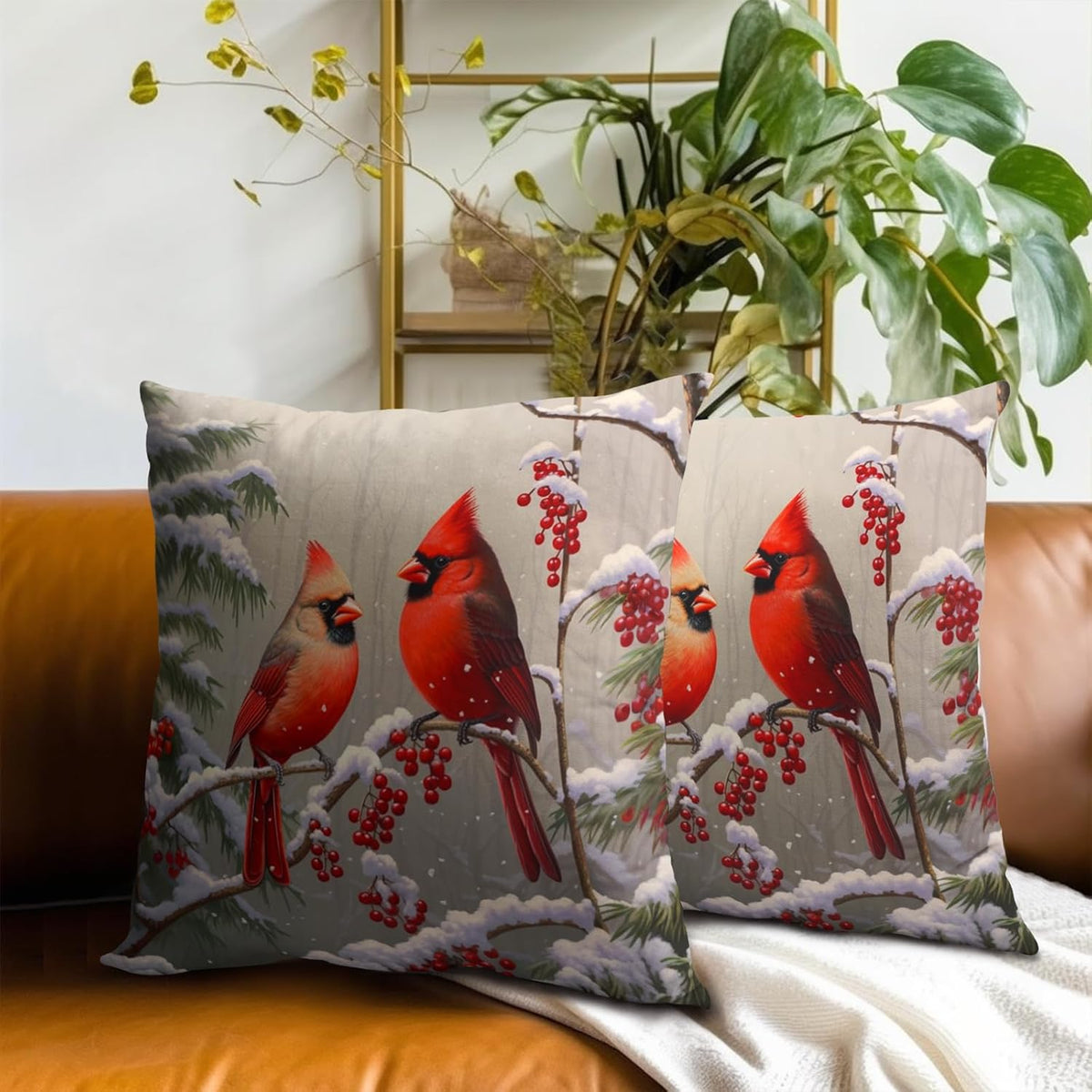 Merry Christma Red Cardinal Bird Throw Pillow Cover 18X18 Inch Pack of 2 Winter Snowflakes Cushion Pillow Case Square Xmas Pine Trees Holiday Pillowcase for Party Bed Sofa Home Car Bedroom Outdoor
