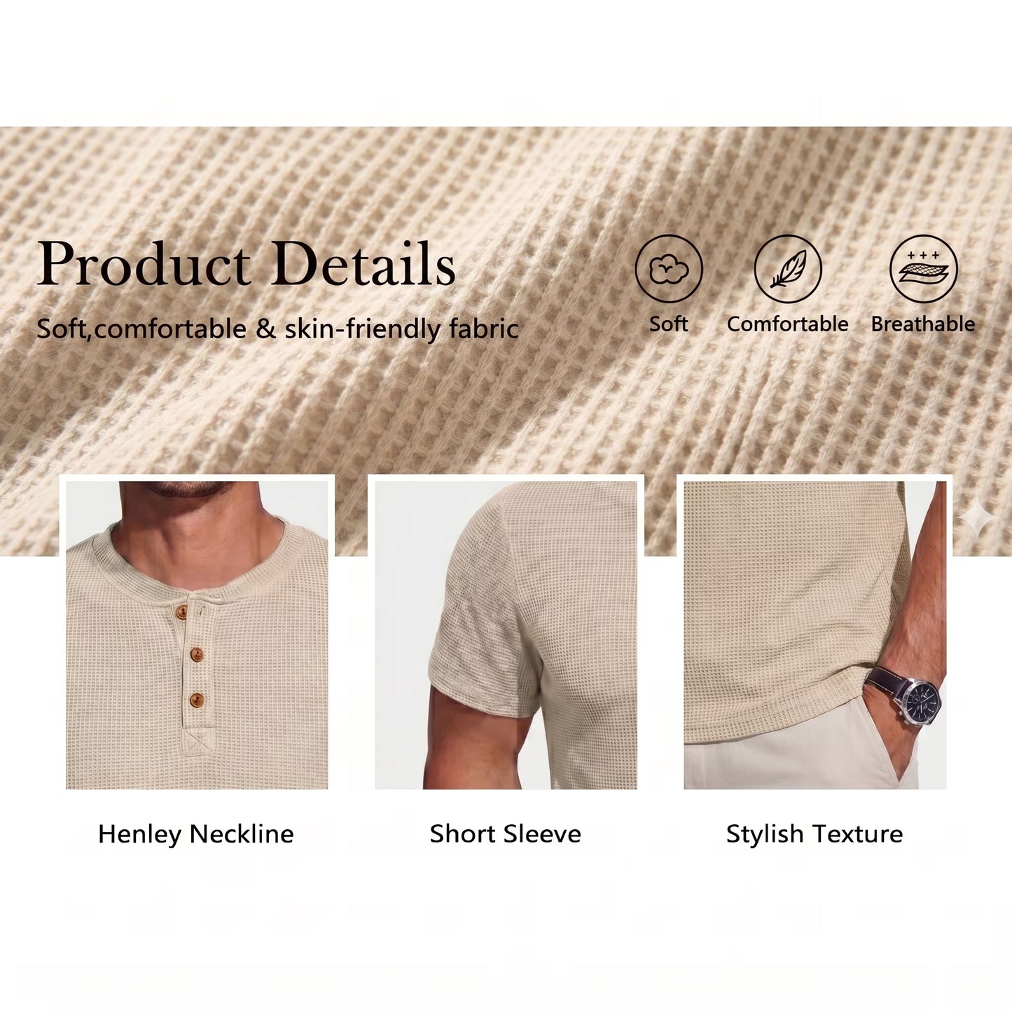 GIRUNS Men'S Short Sleeve Waffle Henley T-Shirt Summer Casual Tee for Men