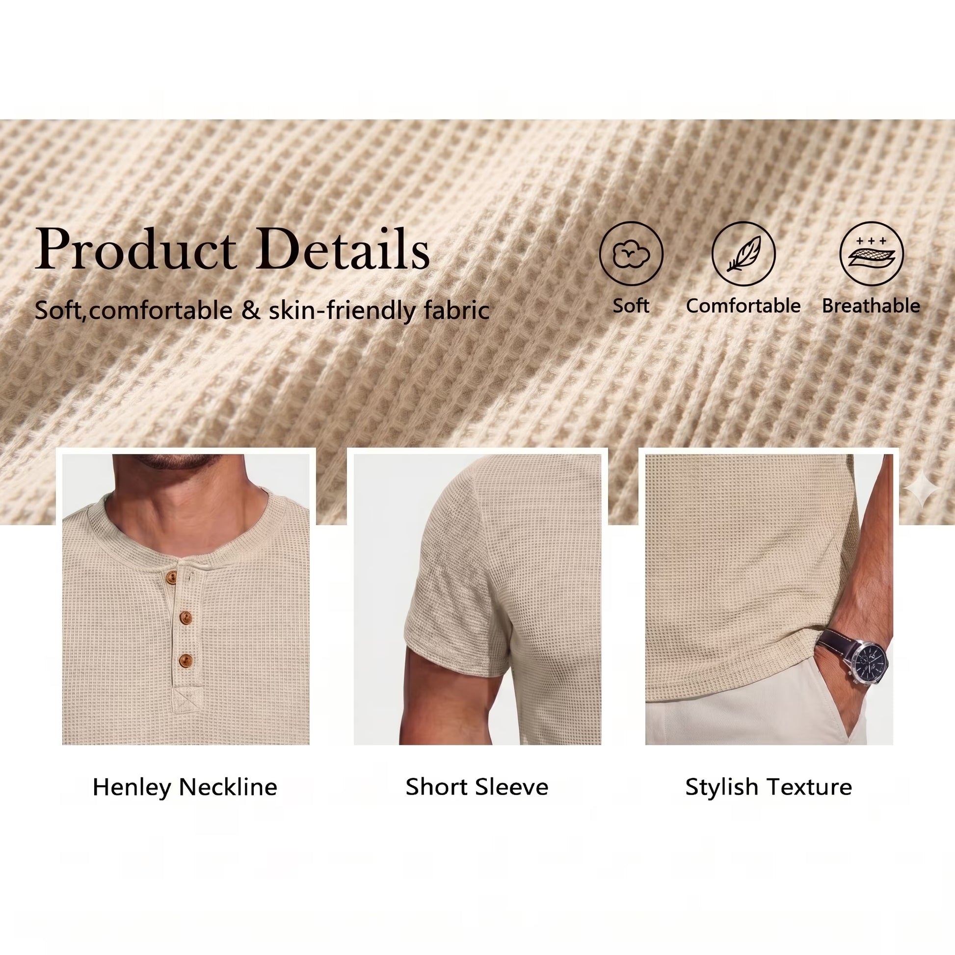 GIRUNS Men'S Short Sleeve Waffle Henley T-Shirt Summer Casual Tee for Men