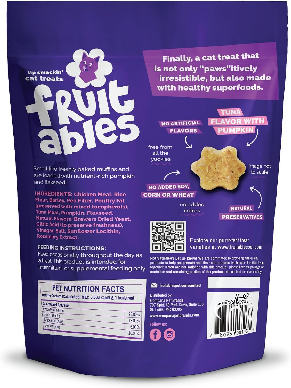 Fruitables Crunchy Cat Treats, Healthy Cat Treats, Tuna & Pumpkin, 30Oz