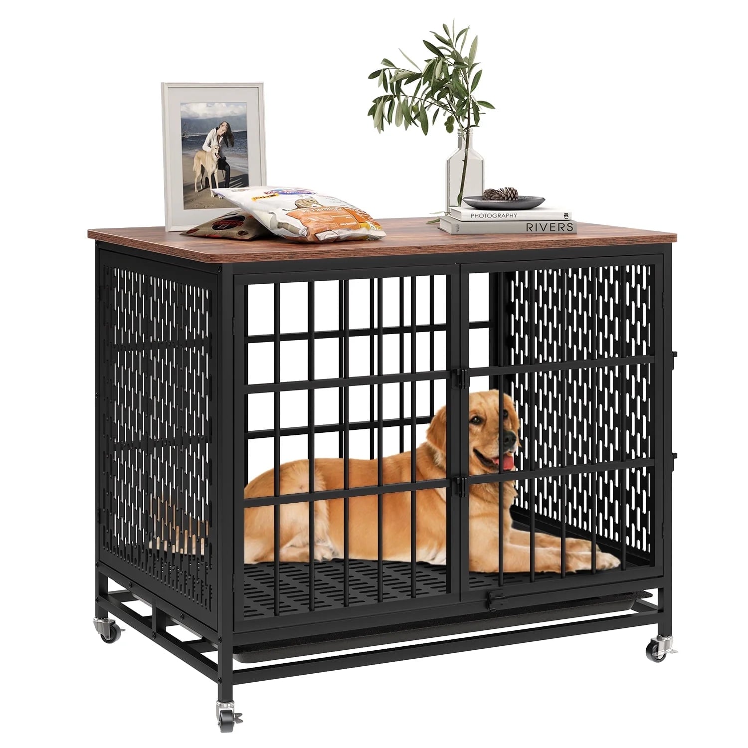 Winkalon 42 Inch Large Dog Crate Rustic Style Furniture Dog Cage Crate with 3 Doors and 4 Wheels Heavy-Duty Kennel,Brown