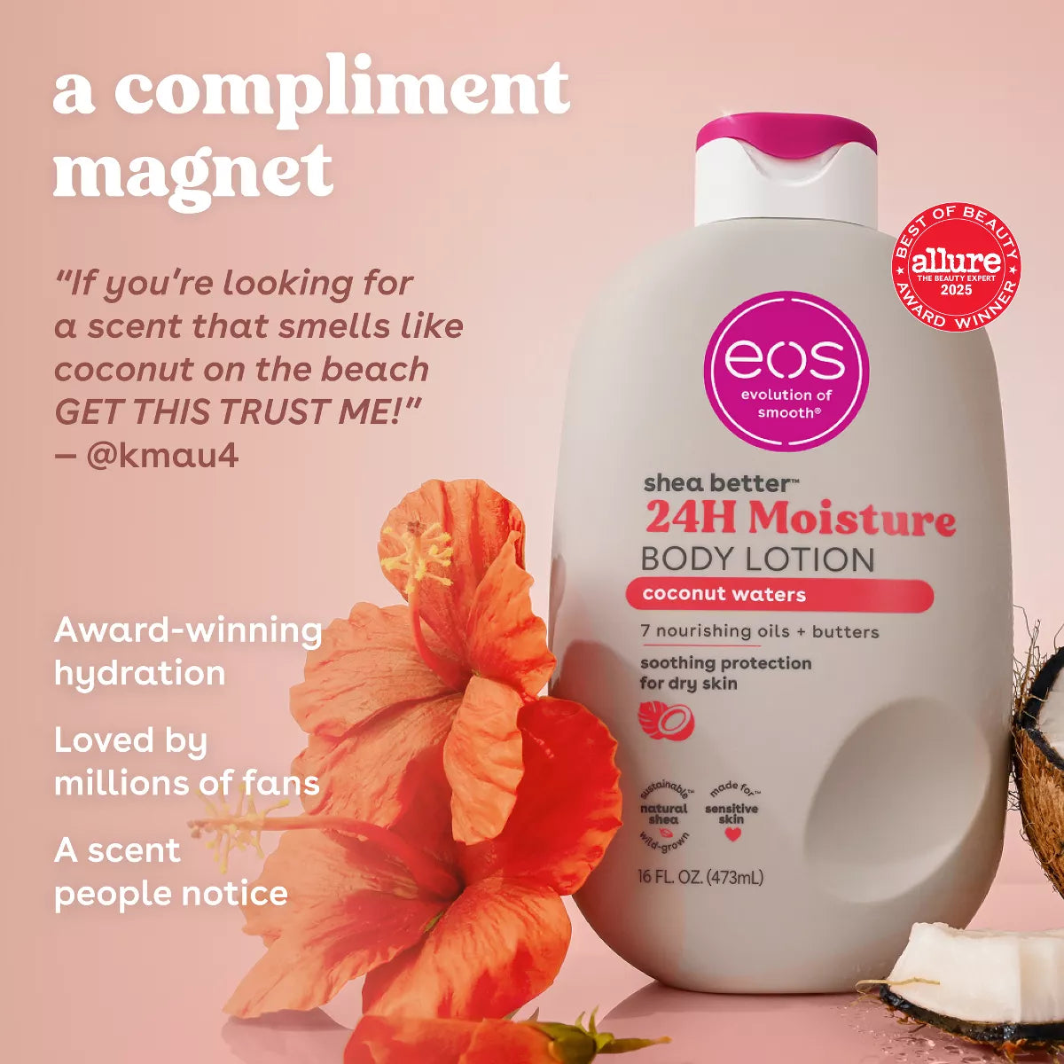 Eos Shea Better 24H Moisture Body Lotion - Coconut Waters - 16 Fl Oz: Hypoallergenic, Paraben-Free, Whole Body