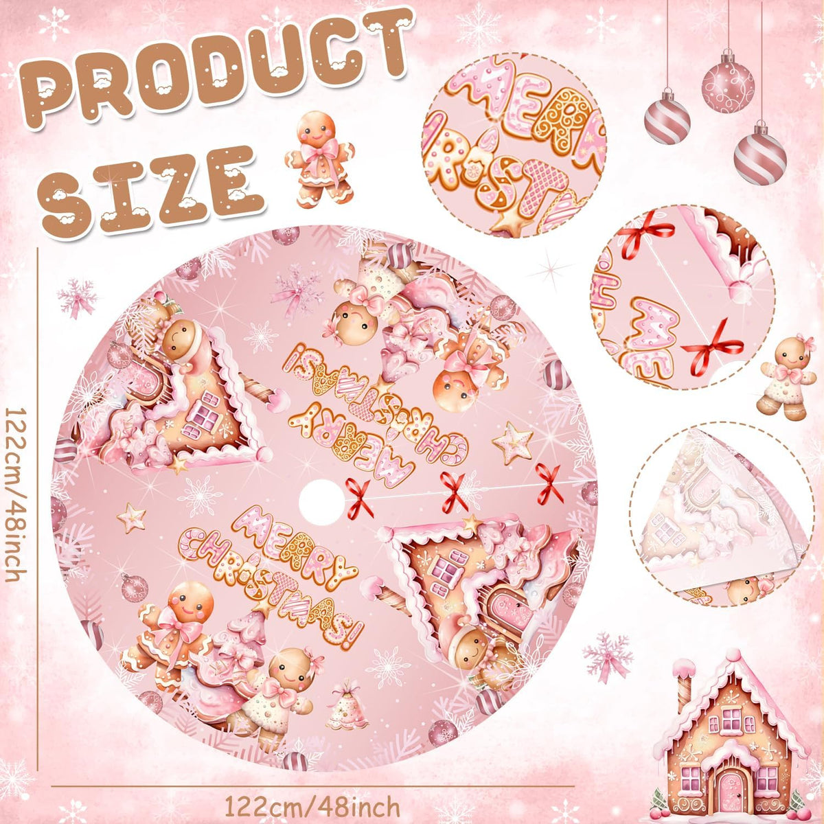 Pink Christmas Tree Skirt 48 Inch, Gingerbread Candy Cane Xmas Tree Decor