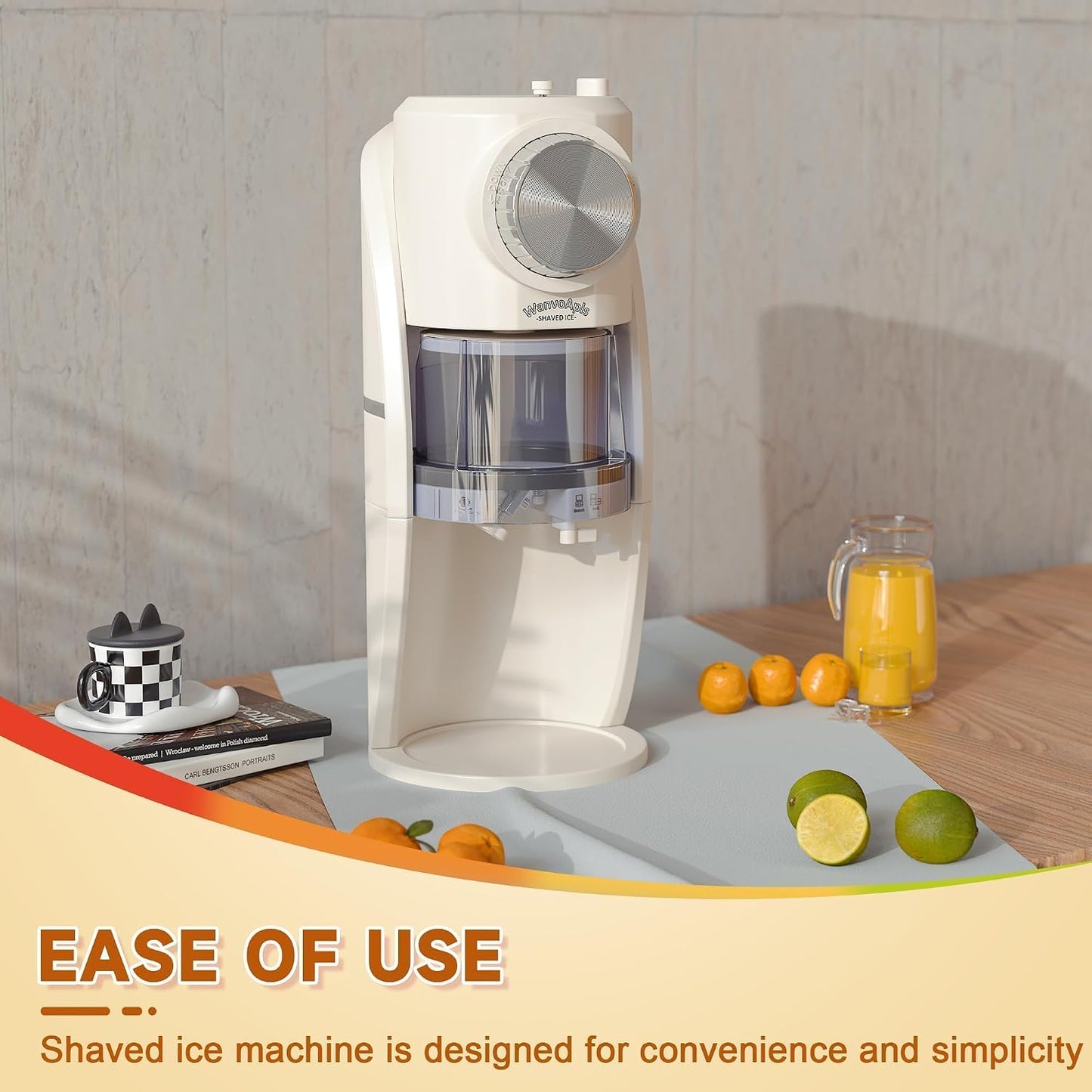 Snow Cone Machine - Shaved Ice Machine Equipped with Stainless Steel Blade Adjustment Knob to Freely Adjust the Thickness of the Snowflakes and 2 Reusable Plastic Ice Mold Cup (White)