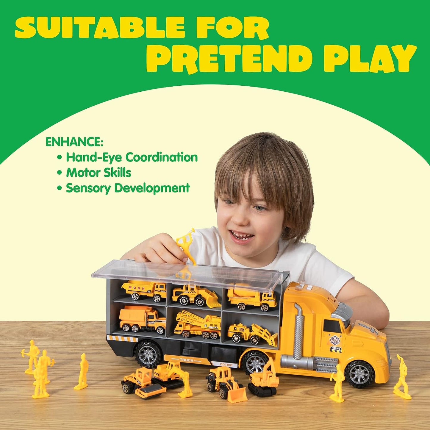 JOYIN Extra Large 33-Inch Ladder Fire Truck Toy and 25 in 1 Construction Truck Vehicle Toy Set, Play Vehicles Set with Sounds and Lights in Carrier Truck, Push and Go Vehicle Car Toy