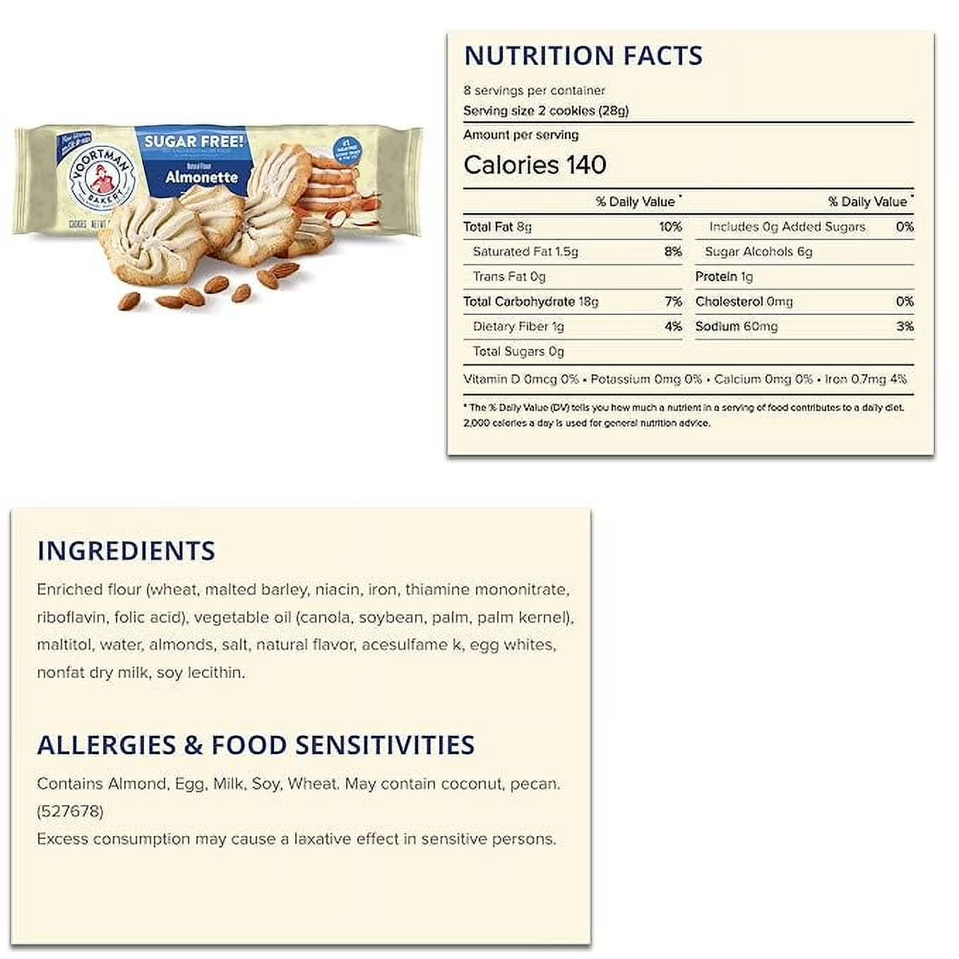 Voortman Bakery #1 in U.S. ZERO SUGAR COOKIES - Iced Almonette Cookies (Pack of 4 X 8 Oz Ea) Made Real Ingredients ... Delicious!