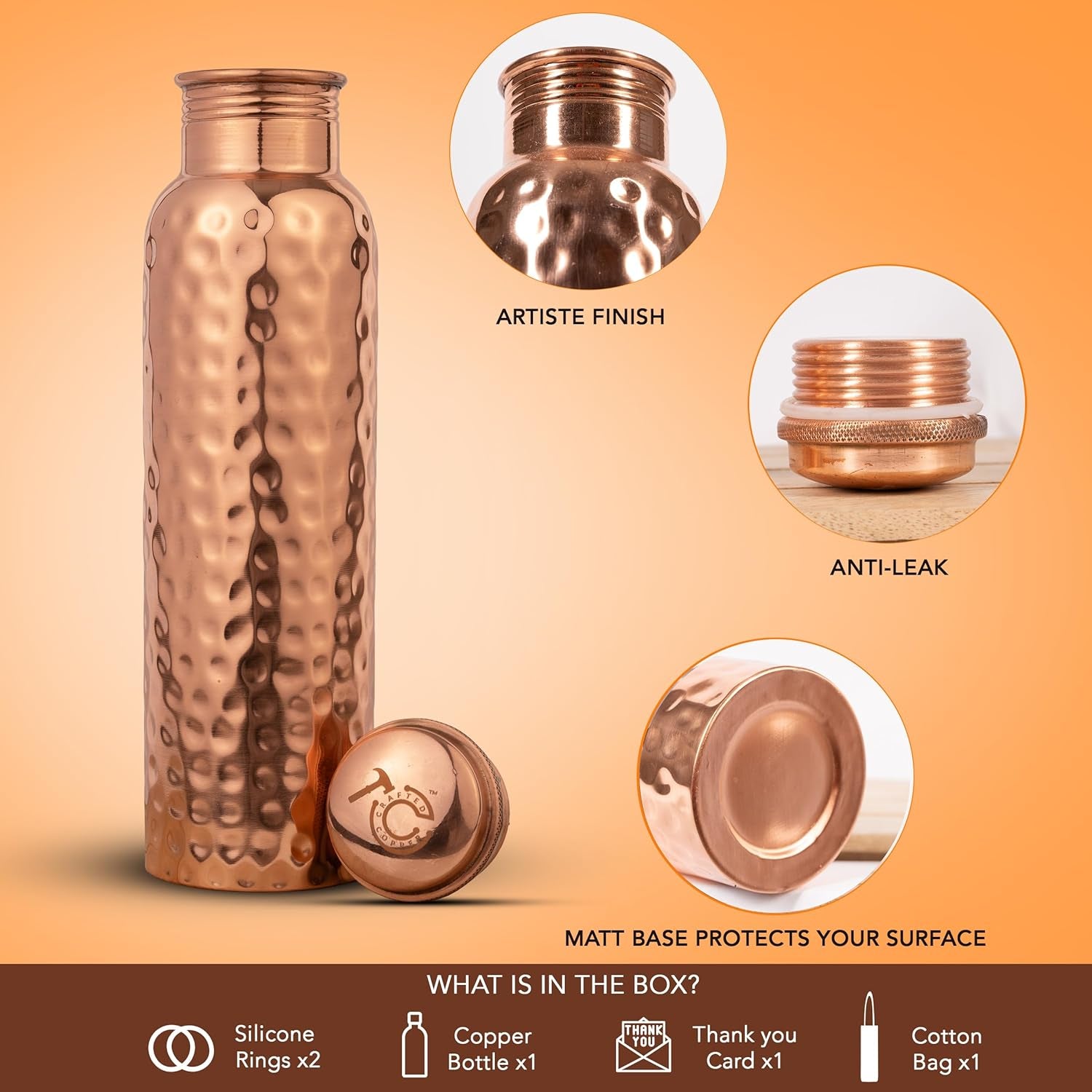 100% Pure Copper Water Bottle for Drinking - 34 Oz Extra Large Hammered Ayurvedic Vessel. Leak-Proof, Heavy Duty Real Copper Flask with Canvas Carry Bag & Dent-Proof round Gift Box