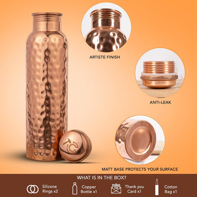 100% Pure Copper Water Bottle for Drinking - 34 Oz Extra Large Hammered Ayurvedic Vessel. Leak-Proof, Heavy Duty Real Copper Flask with Canvas Carry Bag & Dent-Proof round Gift Box
