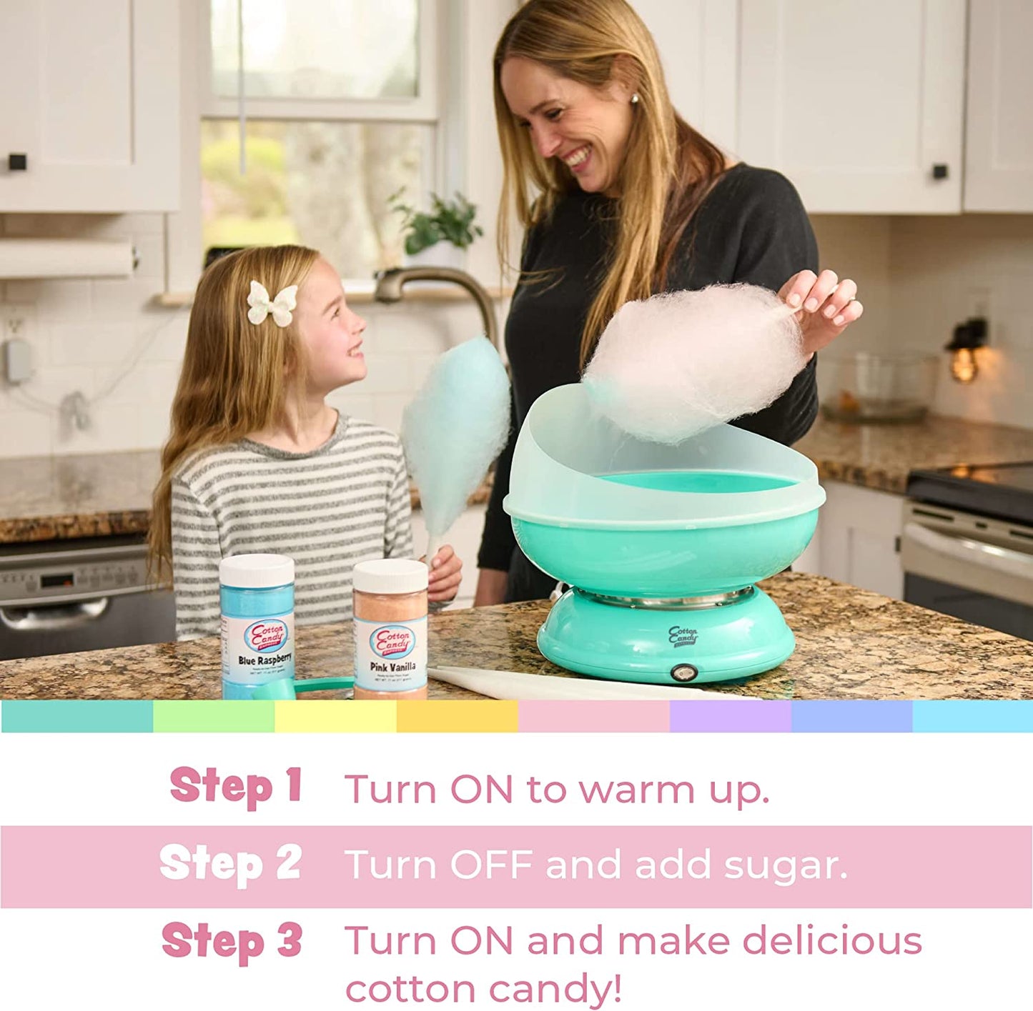 Cotton Candy Express Floss Sugar Variety Pack with 10 Total 11Oz Plastic Jars Flossing Sugars Bundled with Cotton Candy Express CC1000-S Cotton Candy Machine, Teal.