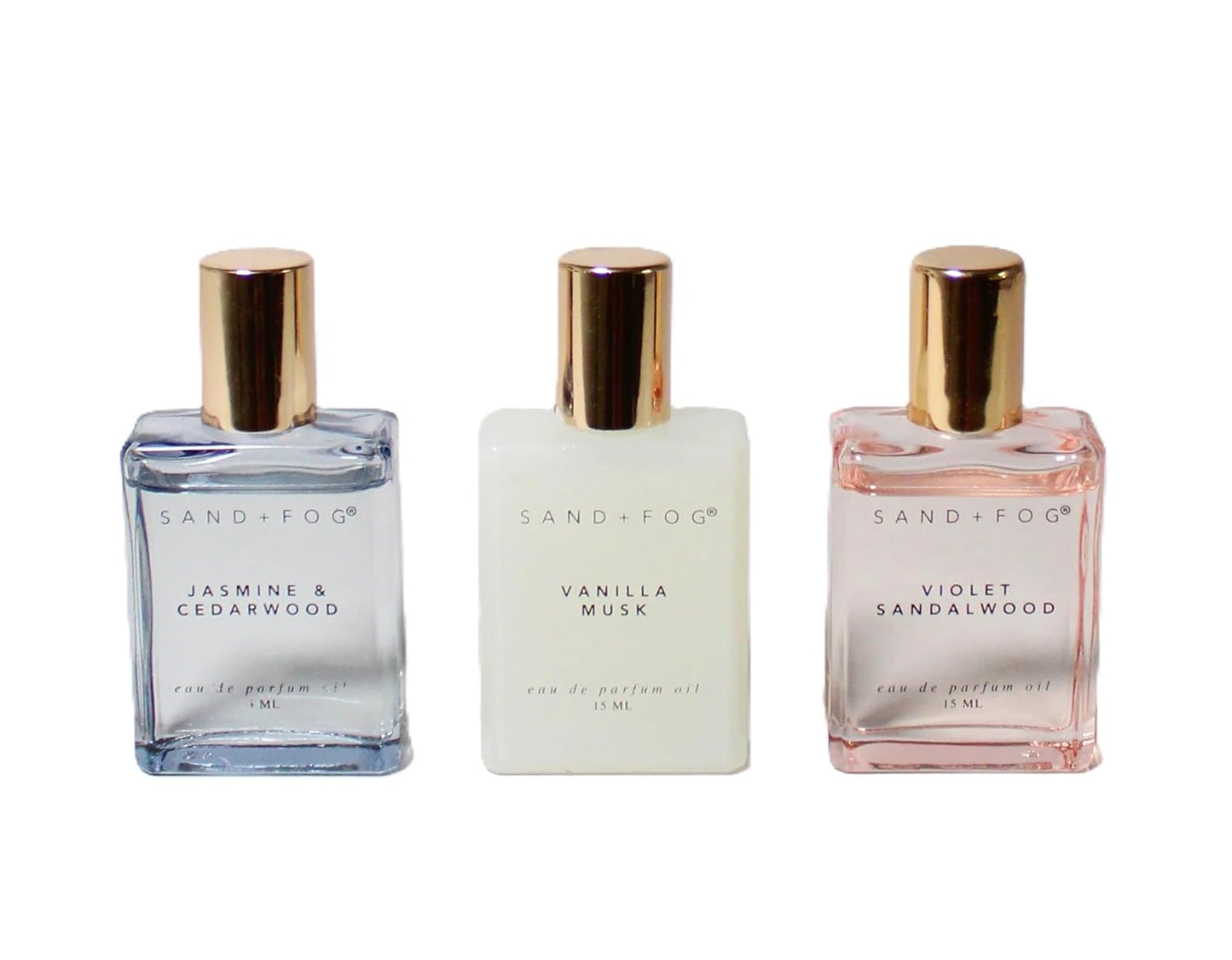 Sand + Fog Perfume Oil Discovery Set, Violet Sandalwood, Vanilla Musk, Jasmine Cedarwood, 0.5 Fl Oz Each, 3-Pack