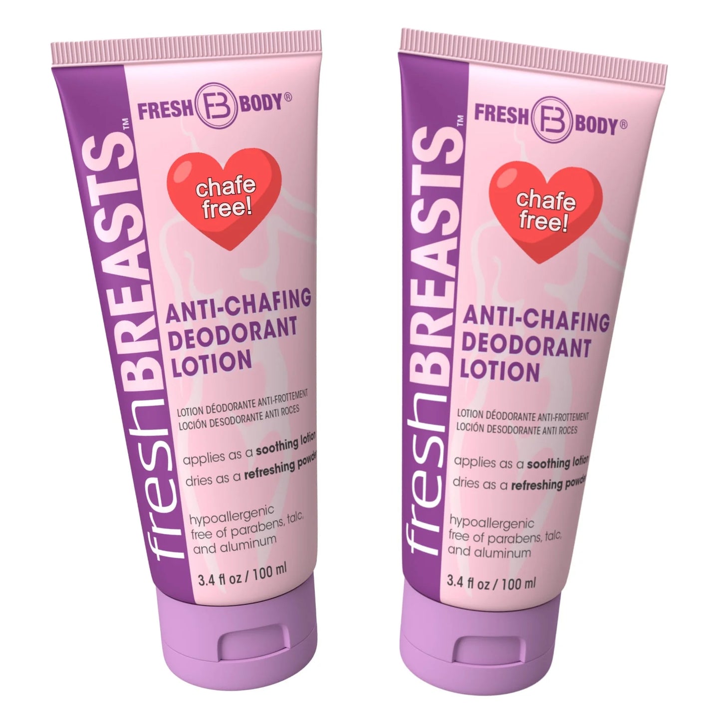 Fresh Breasts anti Chafing Deodorant Lotion to Powder, 3.4Oz - (2 Pack) anti Chafe Cream Whole Body Deodorant for Women, Inner Thighs & Areas That Sweat, No Talc, Aluminum and Fragrance