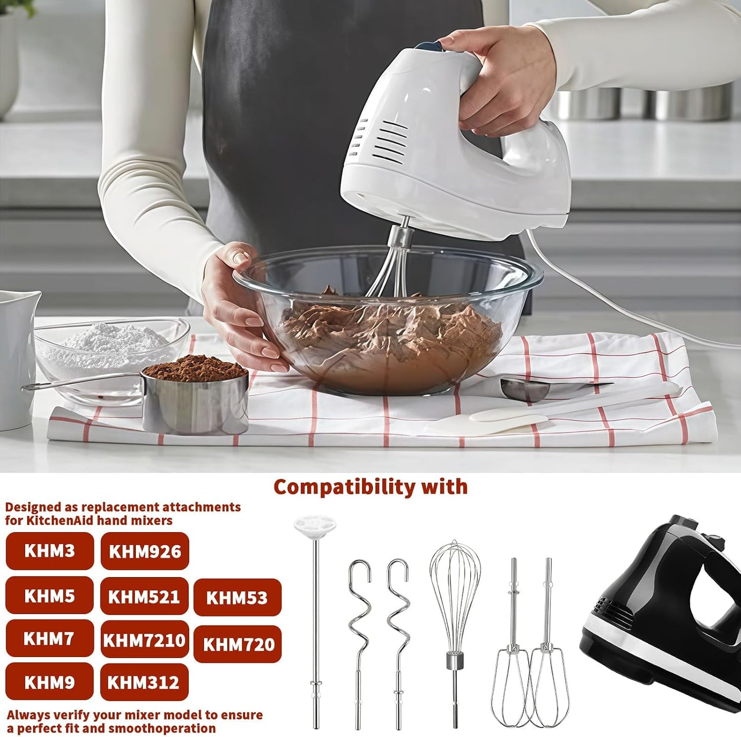 Hand Mixer Beater Attachments for Kitchenaid Set of 6 | Including Turbo Beater, Pro Whisk, Dough Hooks, Blending Rod Compatible with KHM512 KHM6118 KHM7210 KHM926