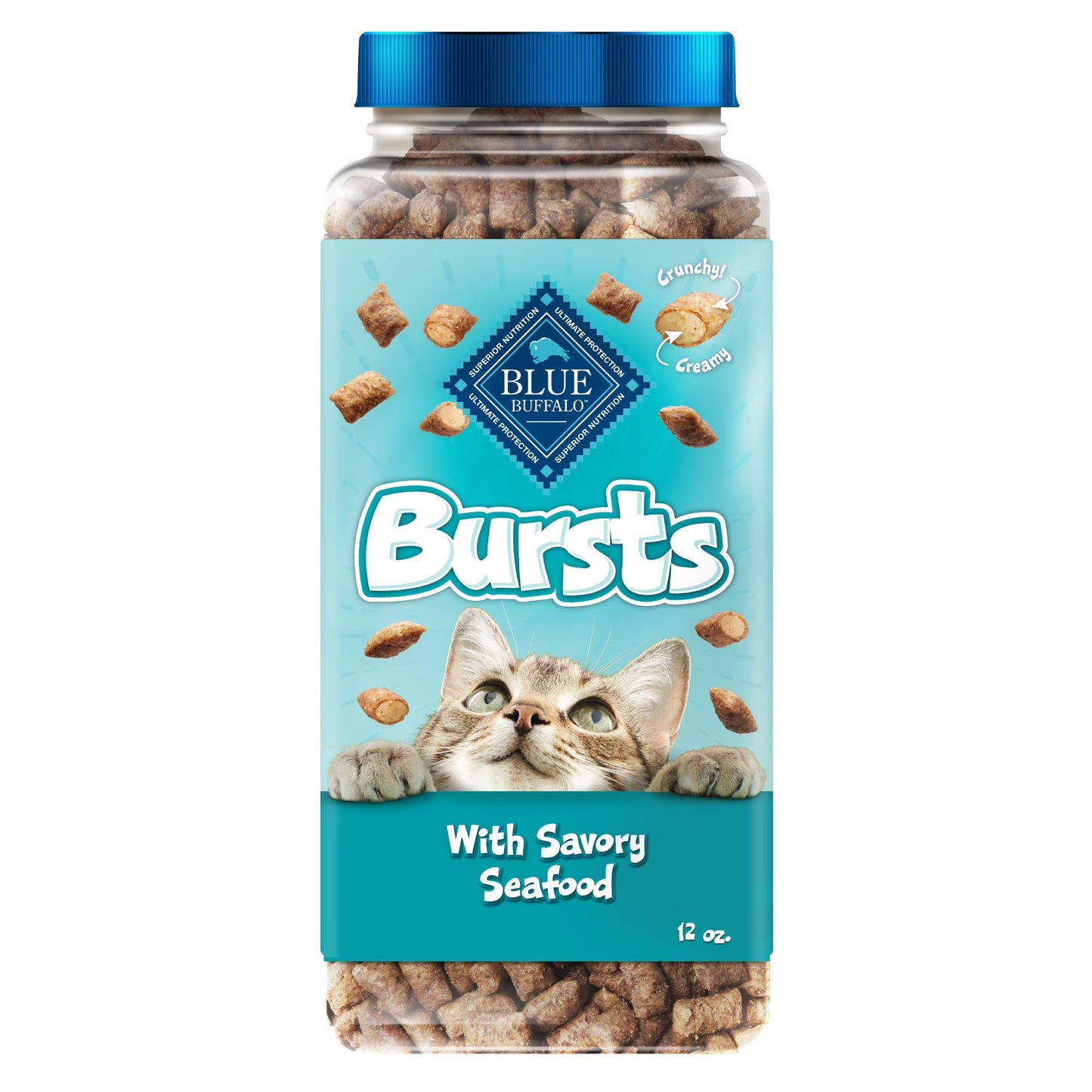 Blue Buffalo Bursts Crunchy & Creamy Cat Treats, Great for Training, Savory Seafood, 12-Oz Tub