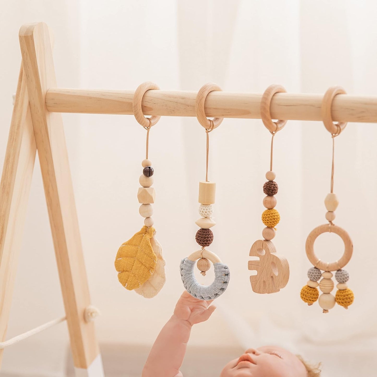 Let'S Make Organic Wooden Play Gym with 4 Hanging Toys Foldable Baby Play Gym Frame Activity Center Hanging Bar Baby Tummy Time Play Gym Ideal Gift for Newborn Baby Boys Girls/Yellow