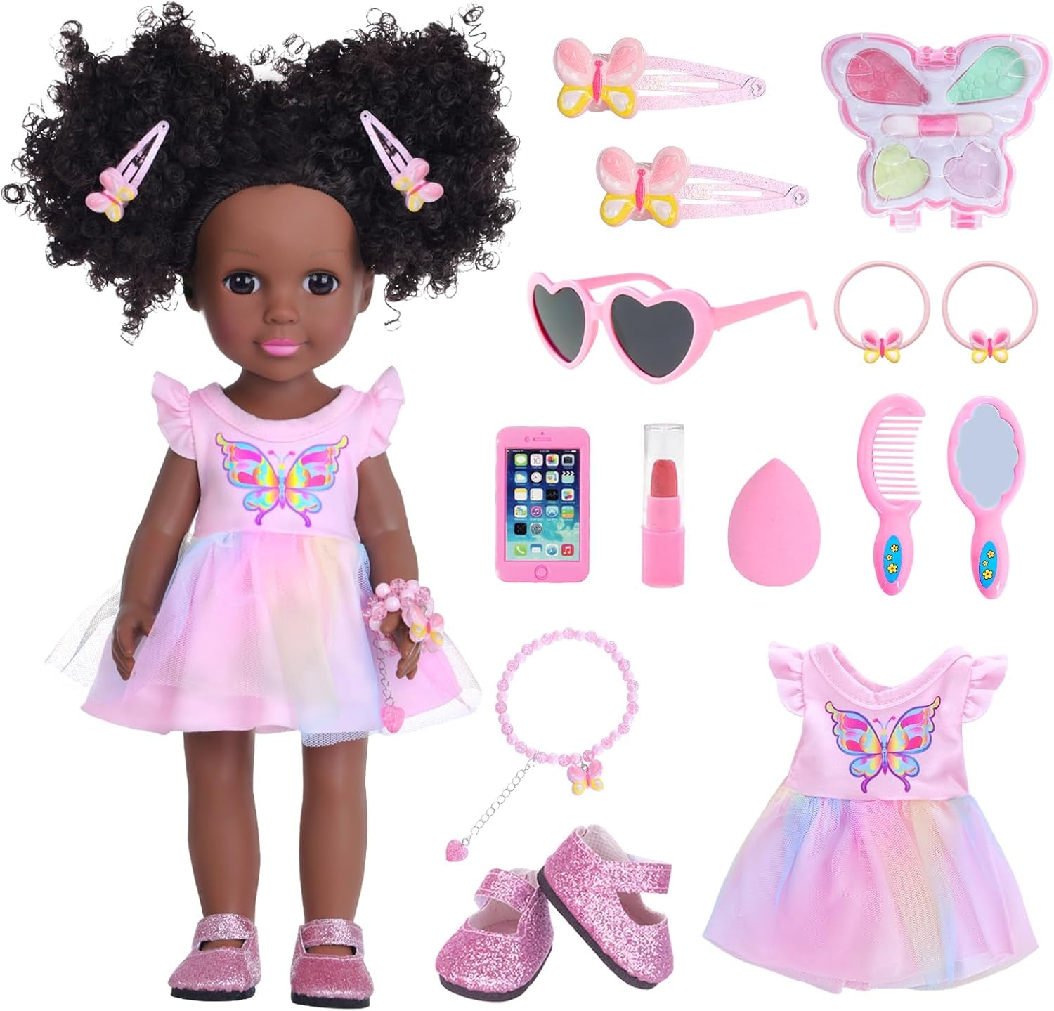 DONTNO 14.5 Inch Black Doll and Baby Doll Clothes and Accessories,Including Phone Sunglasses Shoes Makeup Accessories and Butterfly Theme Dress Best Gift for Girls Kids