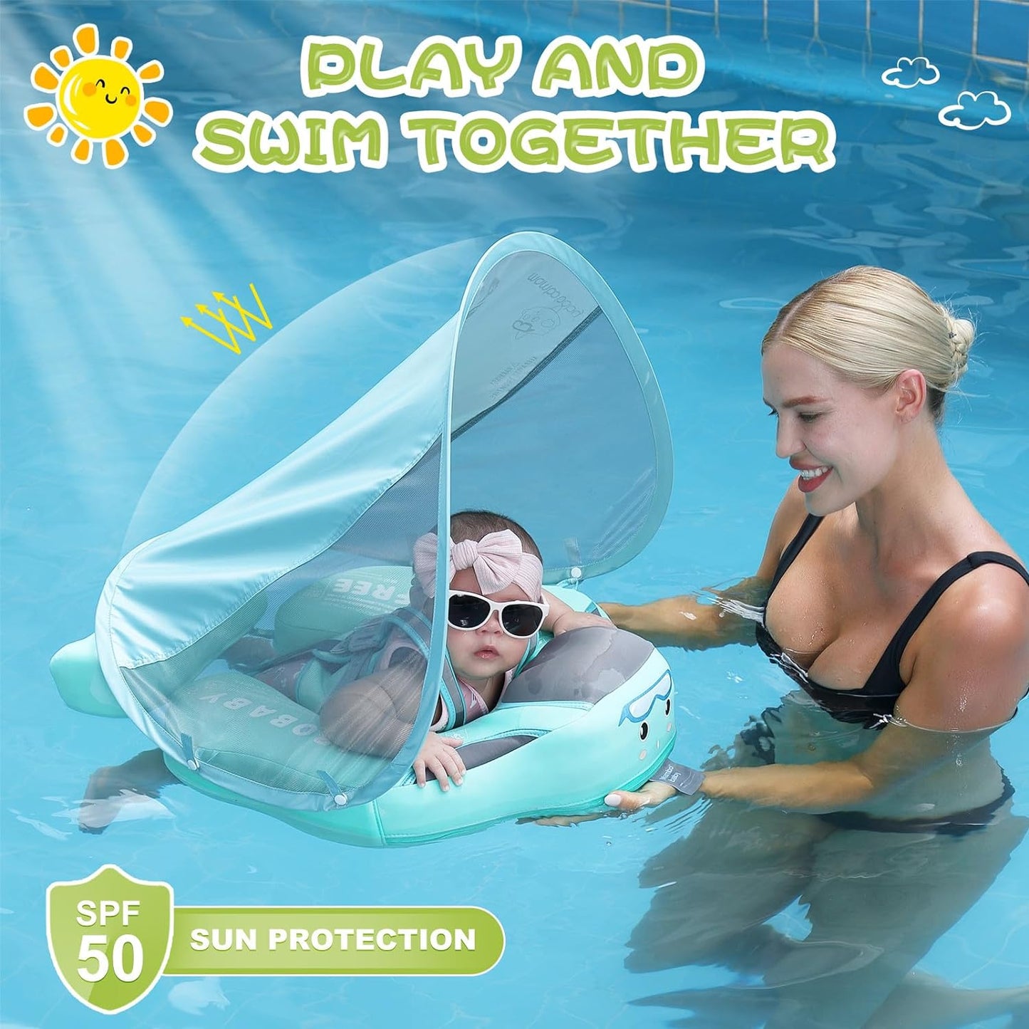 Baby Floats for Pool with Canopy Removable UPF 50+ UV Sun Protection Canopy Mambobaby Float Non Inflatable Upgrade Add Tail Avoid Flip Waterproof Skin-Friendly Infant Swim Float 3-24 Months