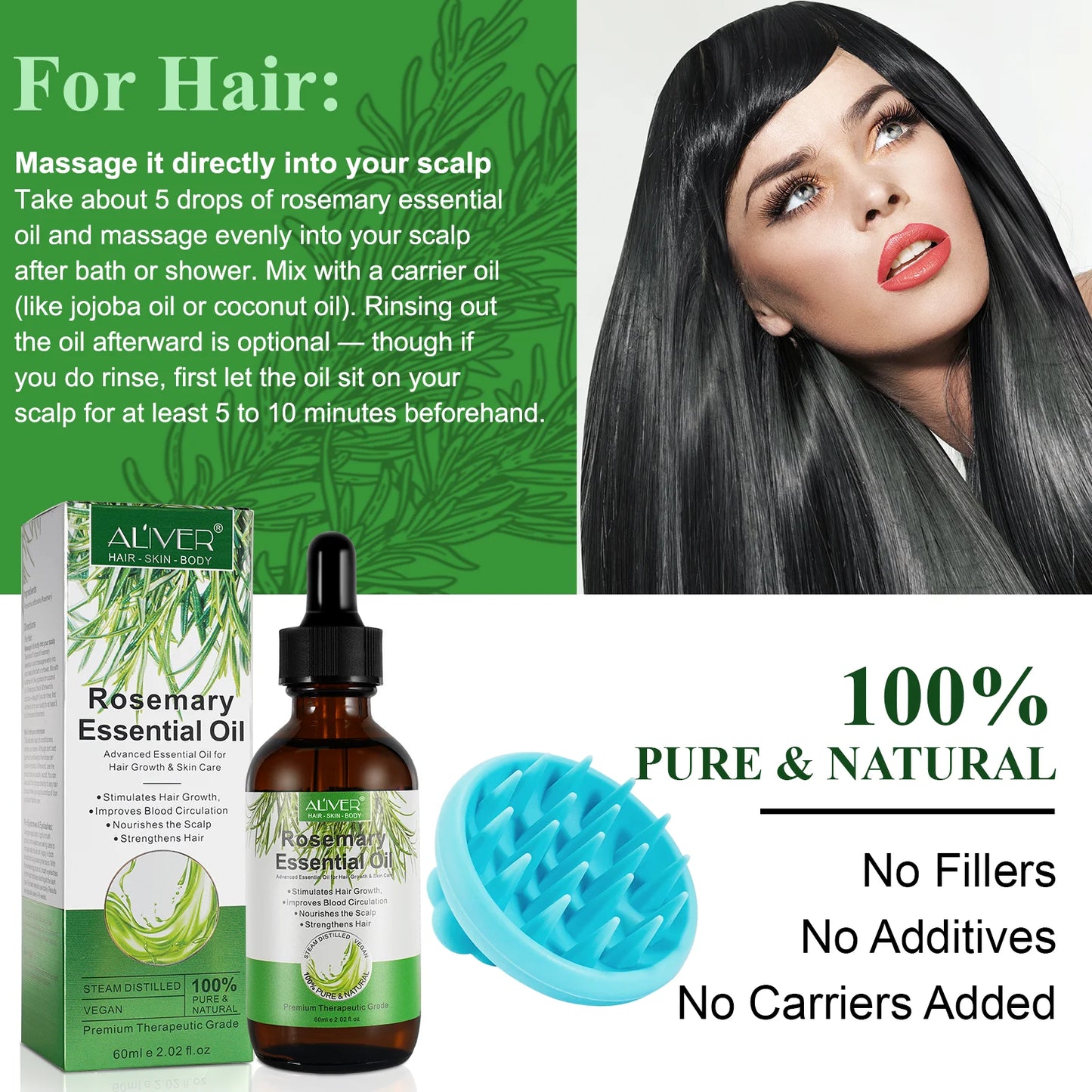 Aliver Rosemary Essential Oil for Hair and Skin Care, Massage Oil with a Silicone Massage Comb, Improve Scalp Blood Circulation,Promote Nutrient Absorption
