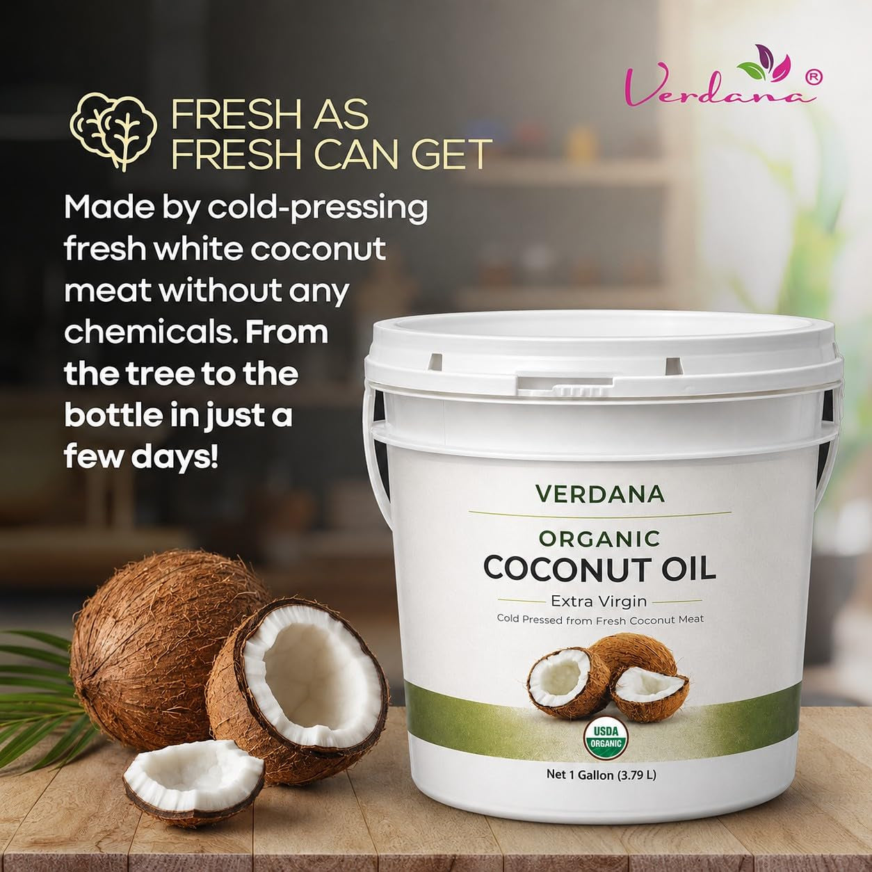 Verdana Organic Extra Virgin Coconut Oil, Food Grade, Unrefined Cold Pressed, USDA Organic, 1 Gallon, Bulk Value Size for Cooking, Baking & Soap Making