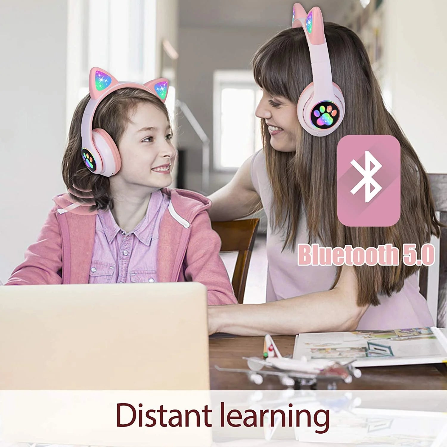 TCJJ Kids Wireless Headphones Cat Ear LED Light up Bluetooth Foldable Headphones over Ear W/Microphone for Online Distant Learning (Pink)