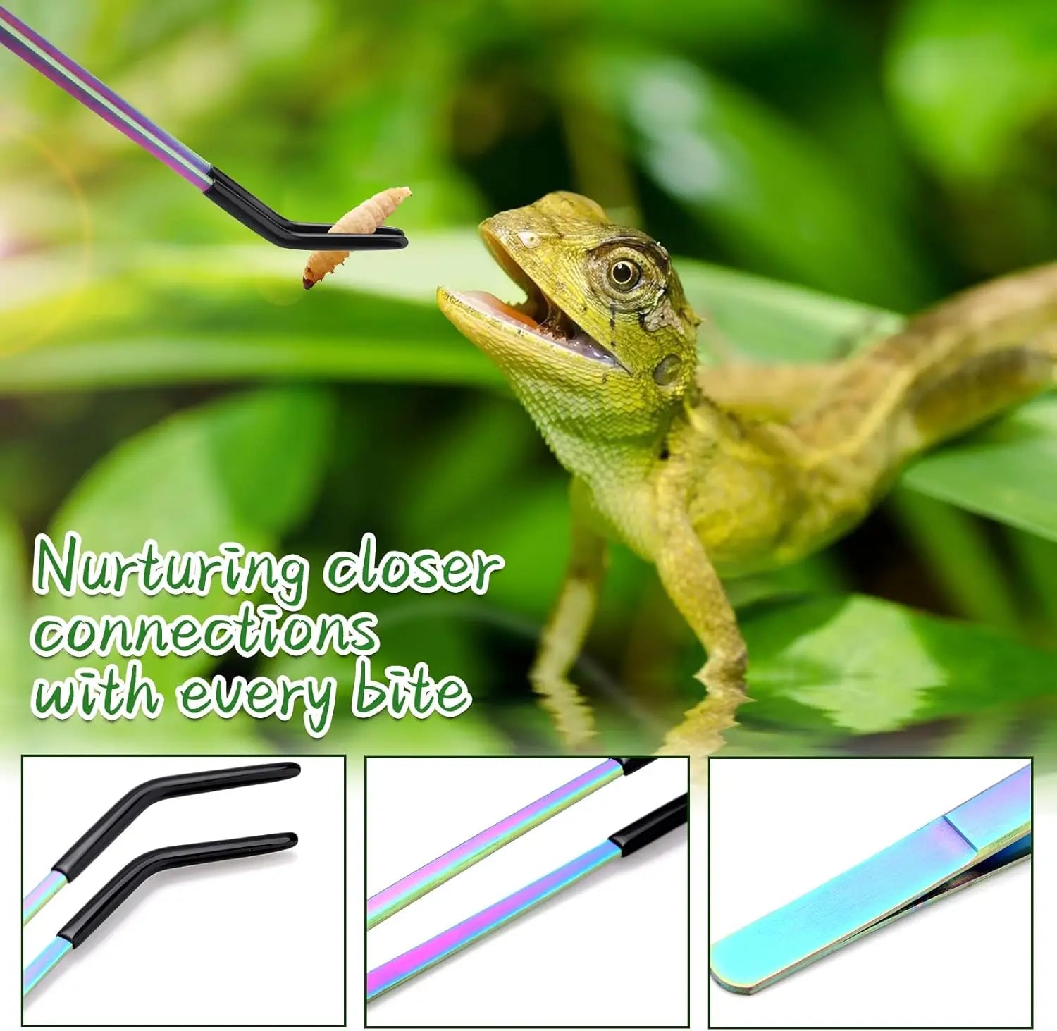 2 Count Stainless Steel Reptile Feeding Tongs with Rubber Tip, 10.6" Straight & Curved Long Tweezers, for Aquariums & Crafts - Ideal Bearded Dragon & Snake Tank Accessories, Terrarium Supplies