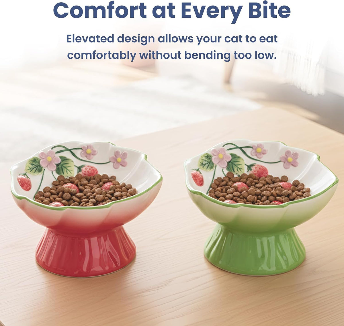 Pawspik Strawberry Blooms Elevated Ceramic Cat Bowl, Green