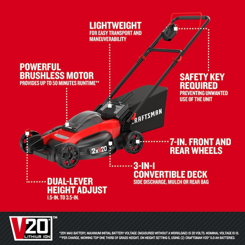 V20 20-Volt Max 20-In Cordless Push Lawn Mower 5 Ah (2 Batteries and Charger Included)