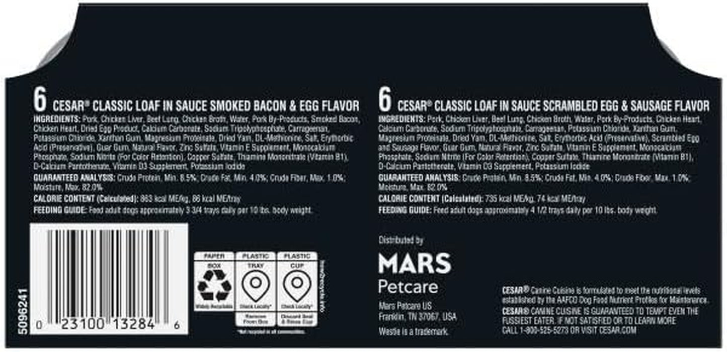 Cesar Classic Loaf in Sauce Wet Dog Food Breakfast Lovers, Smoked Bacon & Egg Flavor, and Scrambled Egg & Sausage Flavor, 3.5 Oz. Easy Peel Trays, Wet Dog Food Variety Pack (12 Count, Pack of 2)