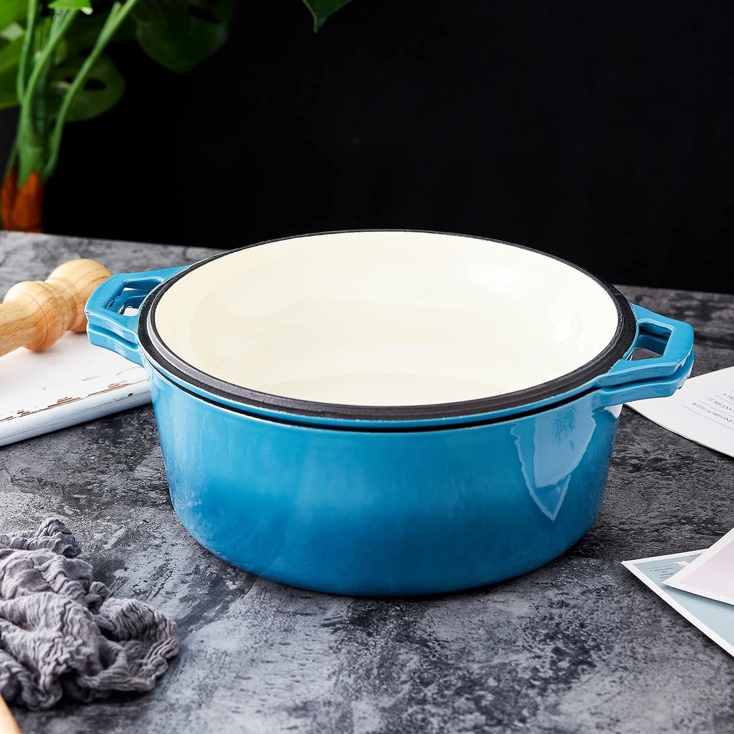 Bruntmor 2-In-1 Enamel Cast Iron Dutch Oven with Handles - Crock Pot Blue Cast Iron Pot with Skillet Lid - All-In-One Cookware Braising Pan for Casserole Dish - 7 Quart, Blue