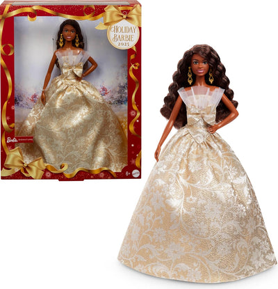 Barbie Signature 2025 Holiday Fashion Doll with Black Hair Wearing Silver & Gold Gown, Seasonal Collectible Includes Displayable Packaging & Doll Stand