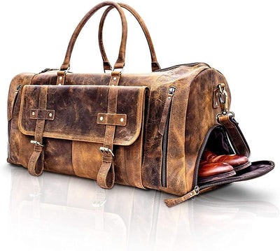 Leather Travel Duffle Bags for Men and Women Cabin Friendly Weekend Bag Sports Gym Airplane Carry on Overnight Duffel