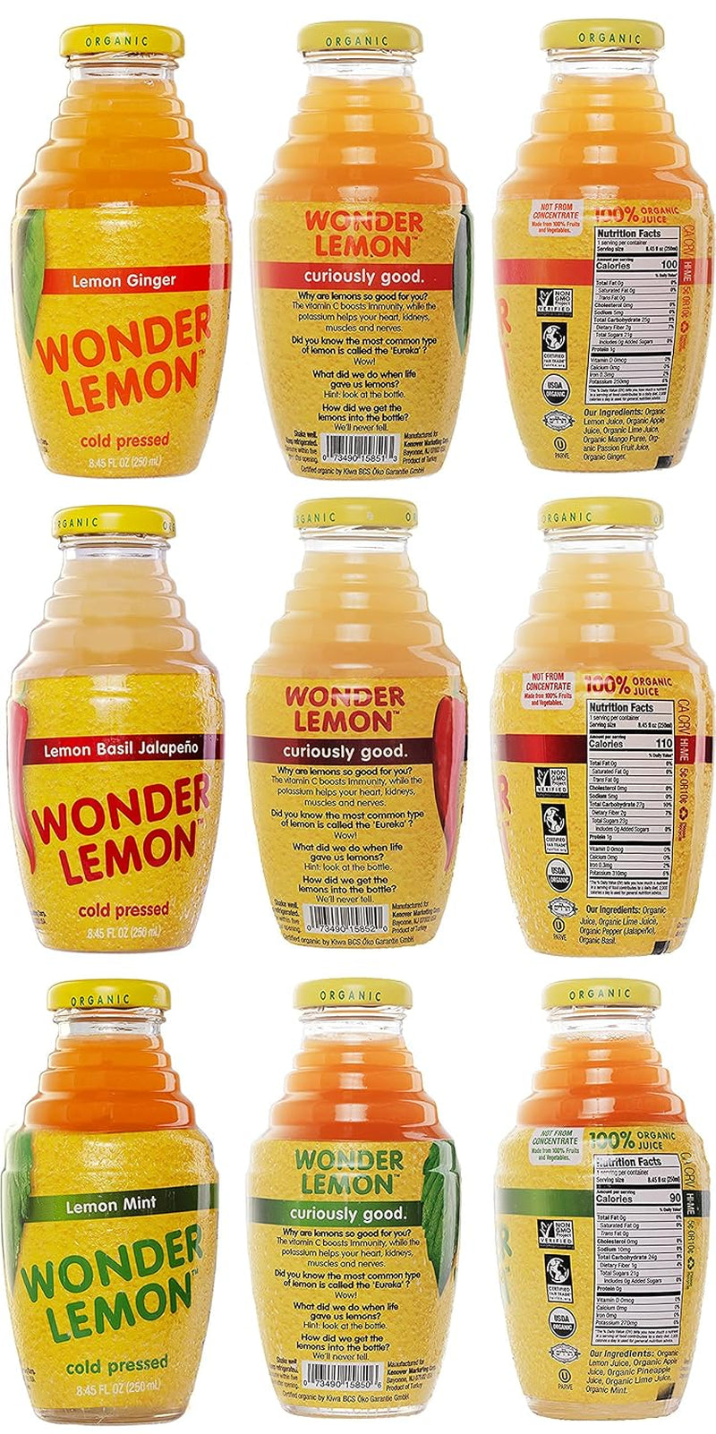 Wonder Lemon Organic Lemon Cold Pressed Juice, Variety Pack, 8.45Oz, 6 Pack