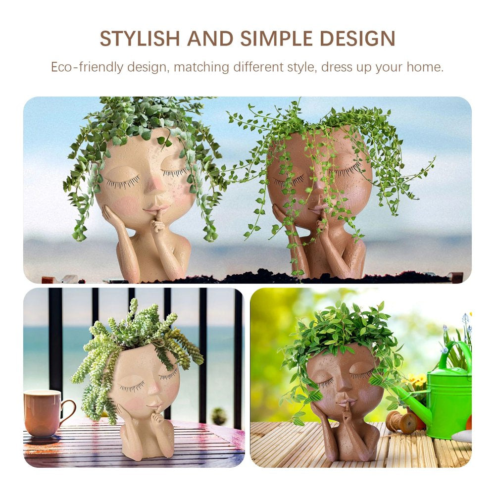 Face Head Planter Succulent Plant Flower Pot Resin Container with Drain Holes Flowerpot Figure Garden Decor Tabletop Ornament