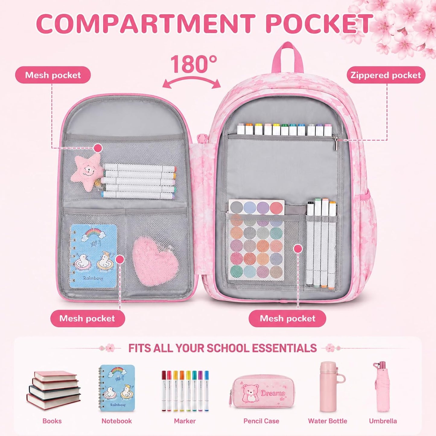 GOKTOW Girls Backpack School Bag for Students Kids Book Bag with Multiple Pockets Splash-Proof Children'S Backpack