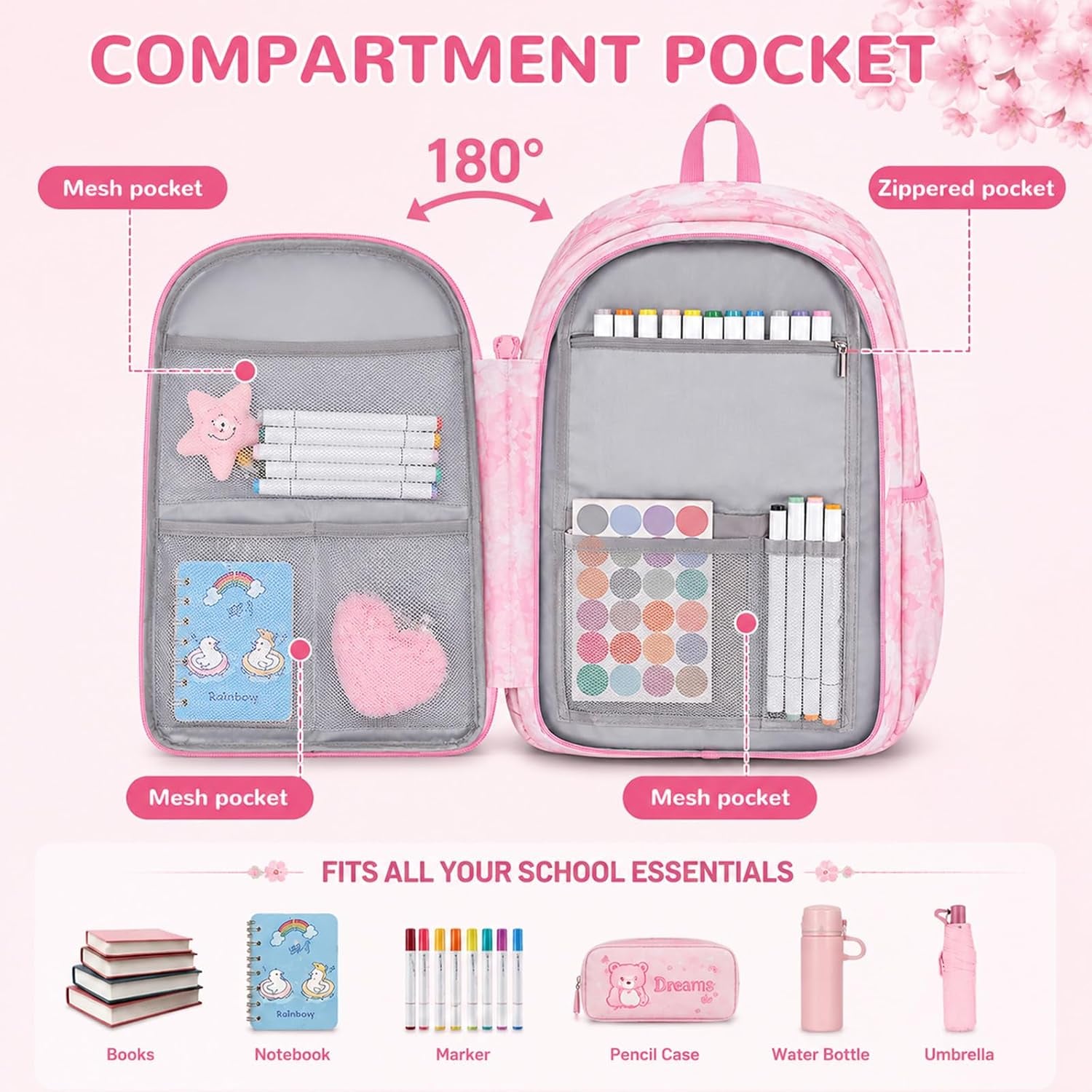 GOKTOW Girls Backpack School Bag for Students Kids Book Bag with Multiple Pockets Splash-Proof Children'S Backpack