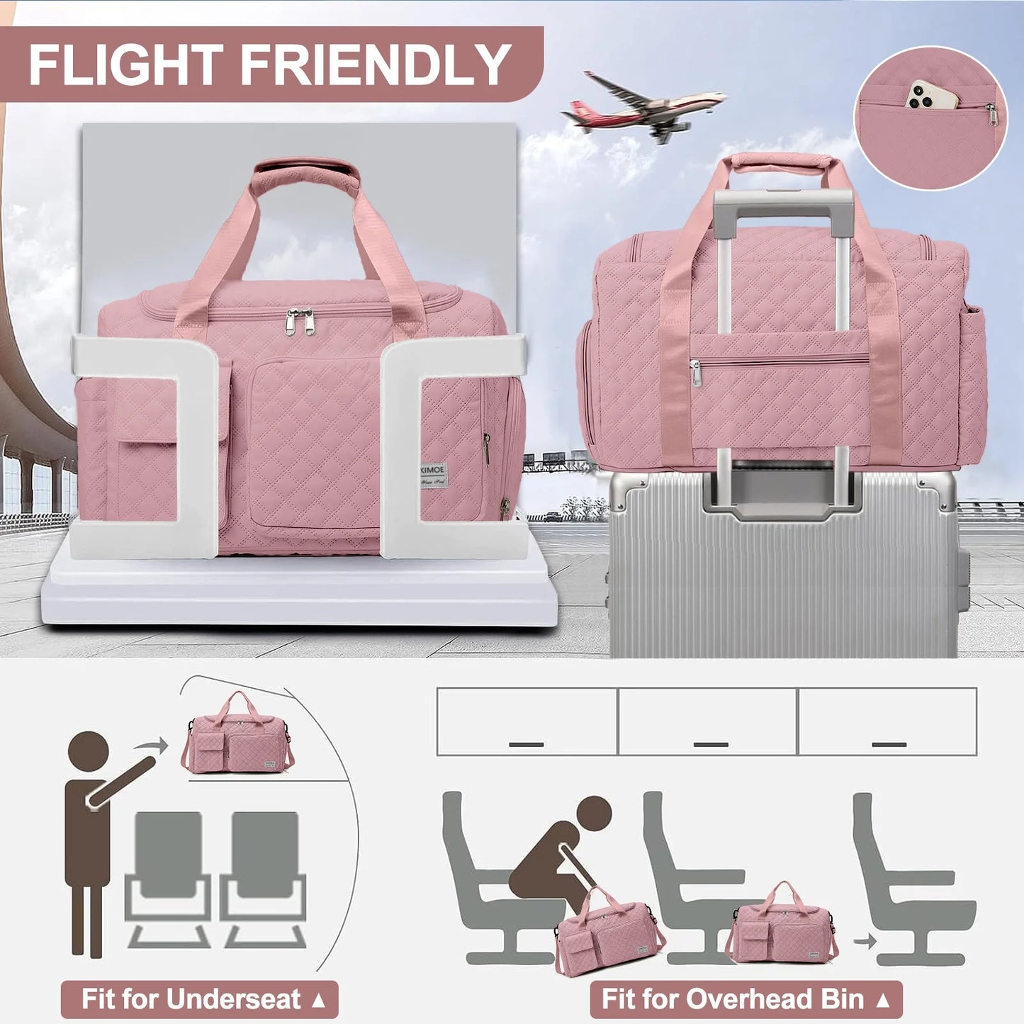 DAKIMOE Travel Duffle Bag for Women Men, Weekender Bags Carry on Gym Bag with Wet Pocket/Adjustable Strap/Shoe Compartment, Foldable Waterproof Overnight Tote Bag for Plane Sports Dance, Pink