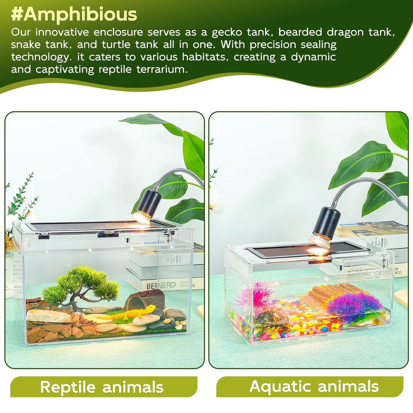 Gecko Tank & Reptile Terrarium Kit with Heat Lamp, Spray Bottle, Tools & Hideout - Perfect Habitat for Lizards, Snakes, Turtles, Hermit Crabs, Frogs, Jumping Spiders 12.5X6X7 Inch