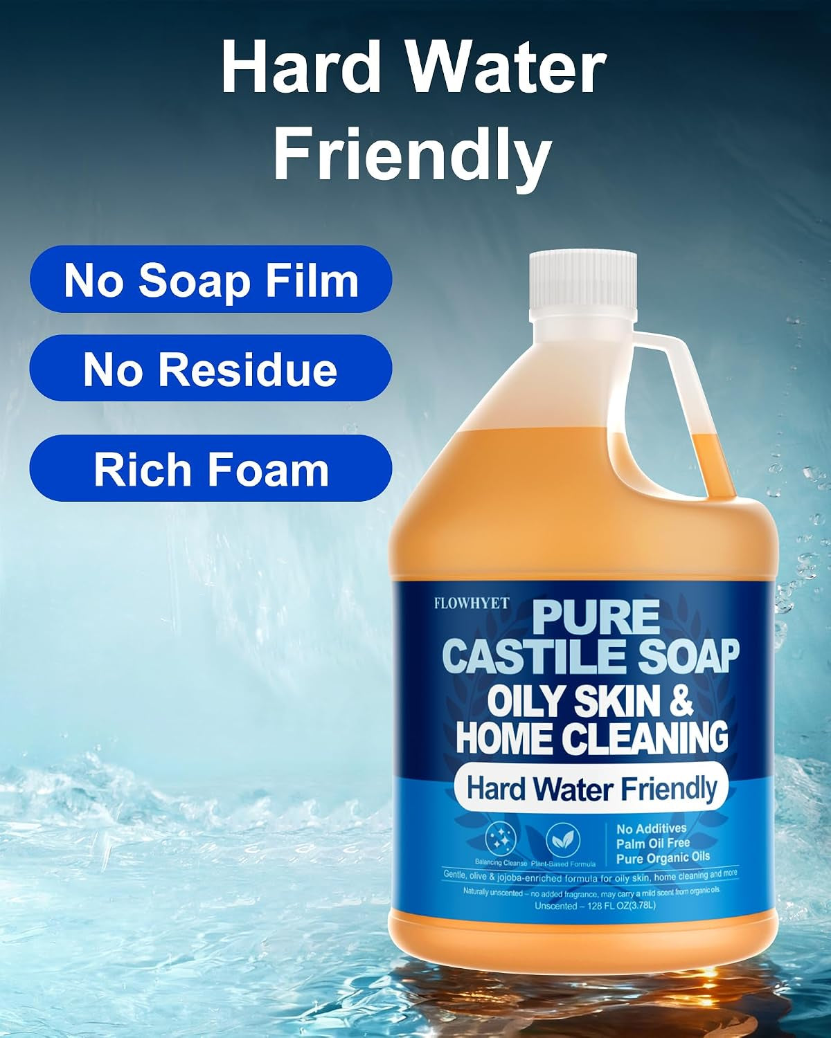 1 Gallon Pure Castile Soap Liquid EWG Verified Unscented | Oily Skin&Hard Water Friendly Organic Castille Hand Soap Refill, 128 Oz, Home Cleaning, Body Wash, , Concentrate Unscented